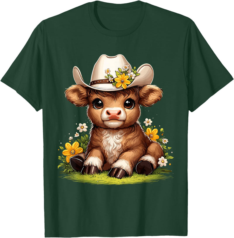 Cute Scottish Highland Cow Lovers Scottish Highland Cow Flowers Cattle Hairy Cow T-Shirt - Dark Green
