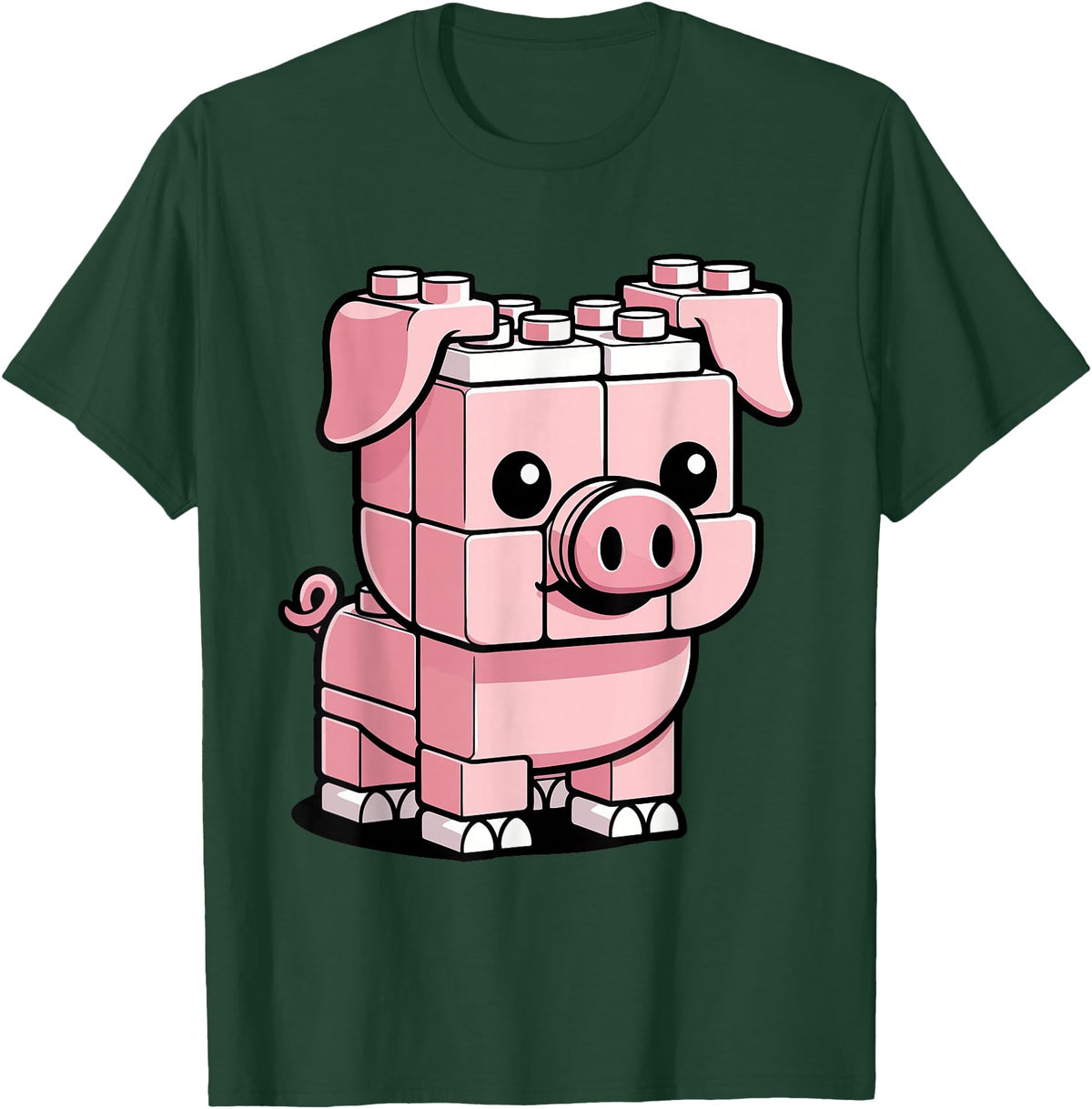 BlockPals DM Funny Pink Brick Pig Building Blocks Farm Animal Character T-Shirt - Dark Green