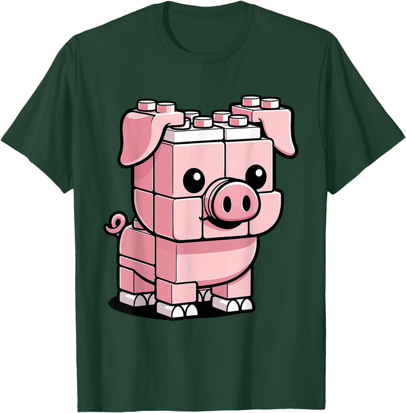 BlockPals DM Funny Pink Brick Pig Building Blocks Farm Animal Character T-Shirt - Dark Green