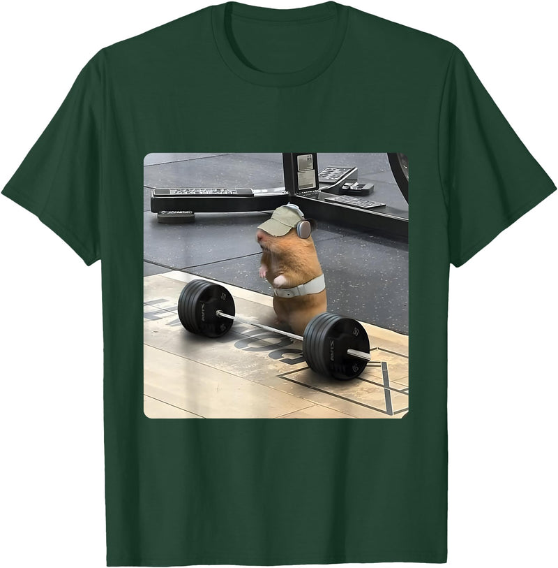 Hamster Deadlift Training Funny Cute Rat Weightlifting Meme T-Shirt - Dark Green
