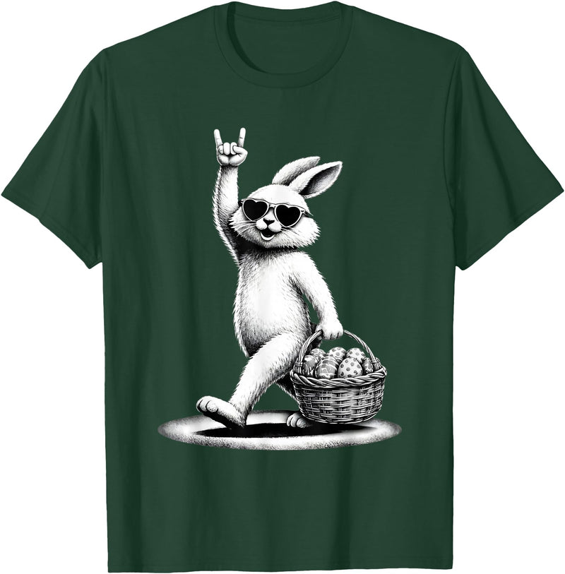 Funny Bunny Rabbit Rock on Men Women Kids Easter Day T-Shirt in Dark Green