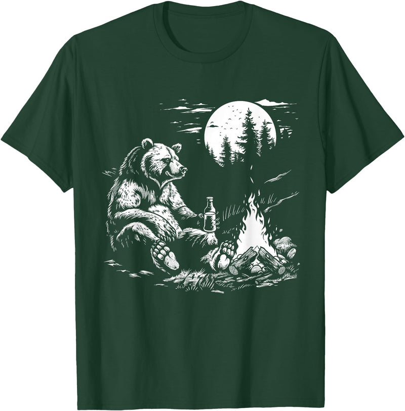 Camping Grizzly Bear Camping Bear Drinking Beer Hiking Nature Funny Grizzly Bear T-Shirt - Dark Green