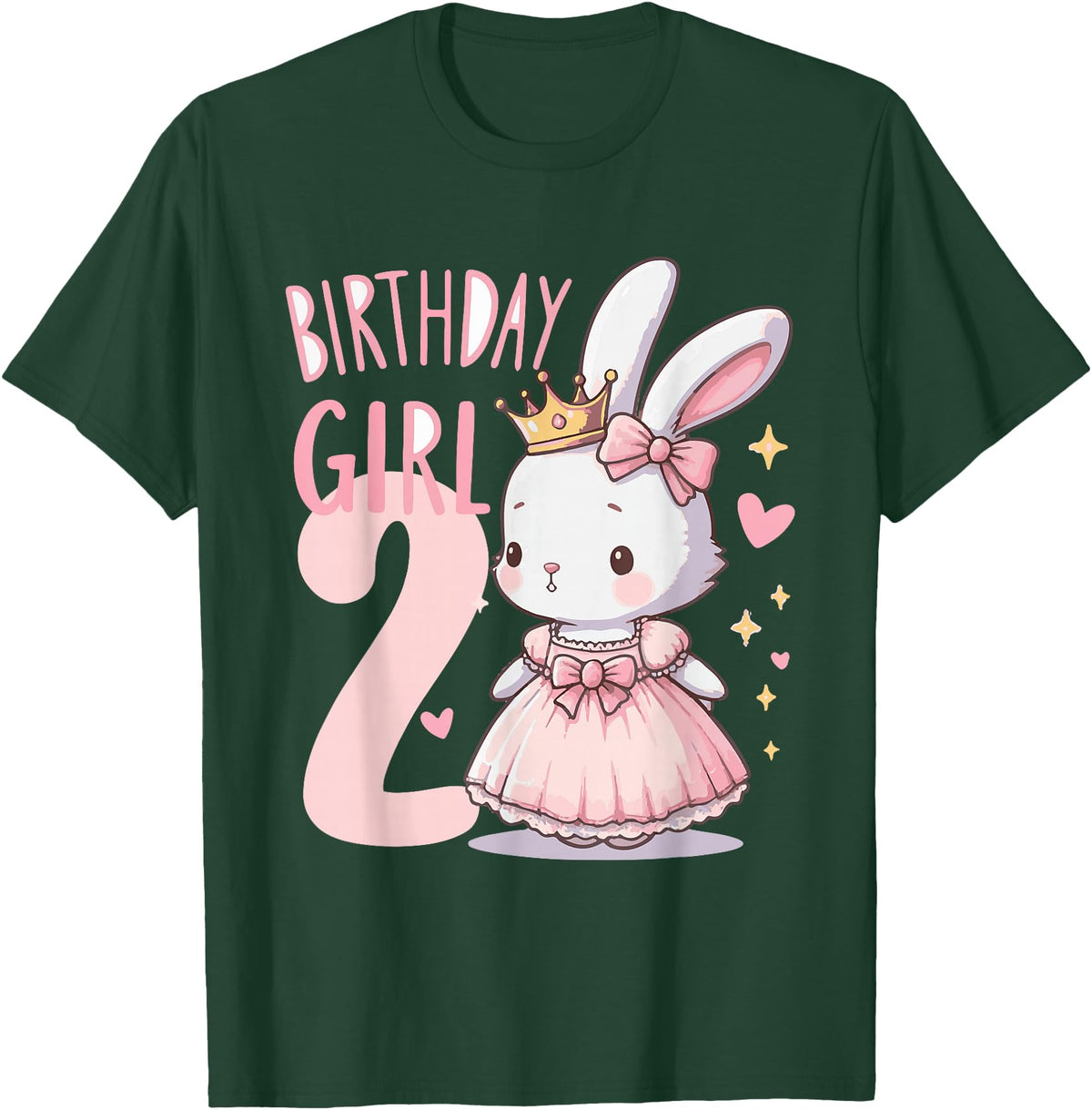 Rabbit Princess Children's Birthday 2 Years Girl Pink T-Shirt in Dark Green