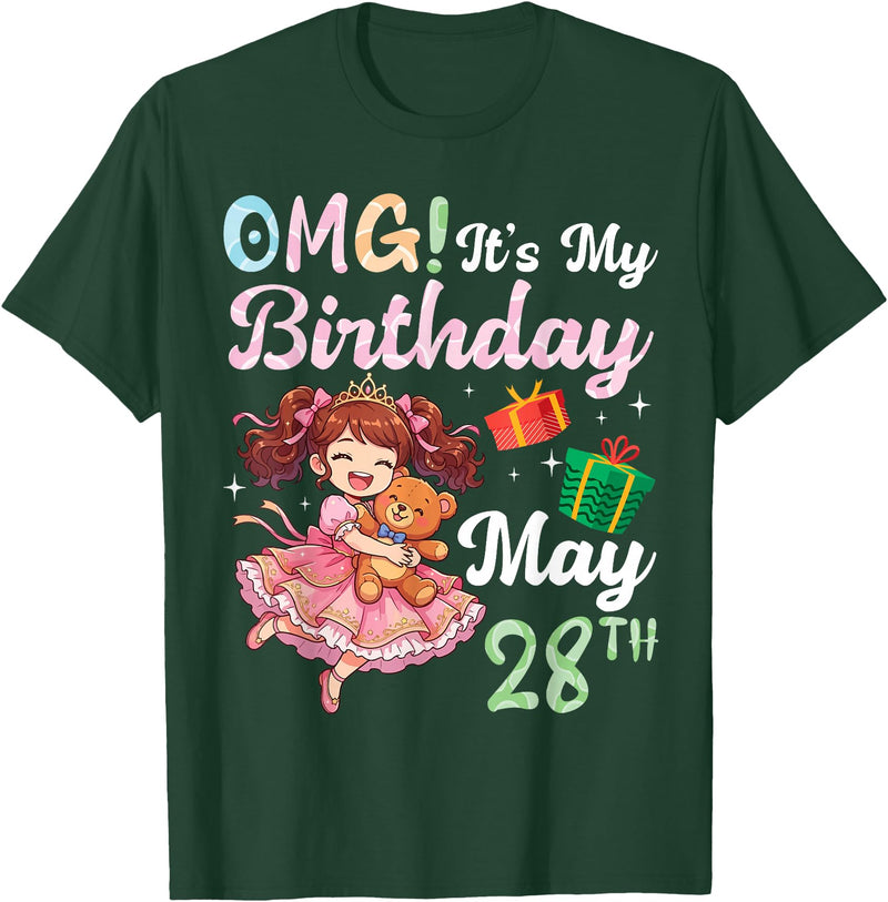 H1Shop Happy Birthday Born On May 28 OMG It's My Birthday Born On May 28th Girl with Present Bear T-Shirt - Dark Green