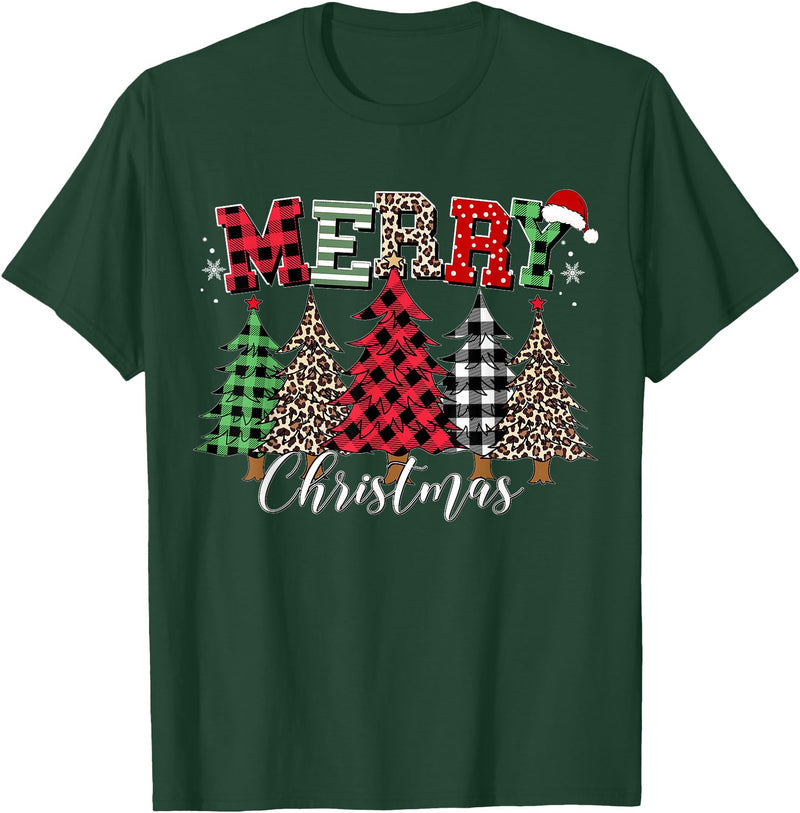 Merry Christmas Leopard Buffalo Red Plaid for Men Women T-Shirt - Dark Green