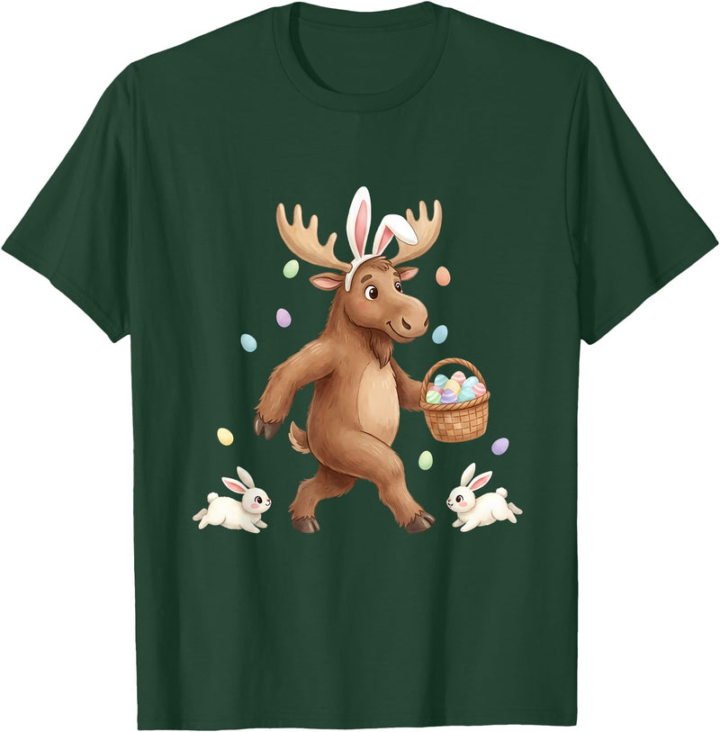 Cute Easter Bunny Rabbit with Eggs Whimsical Moose Design T-Shirt in Dark Green