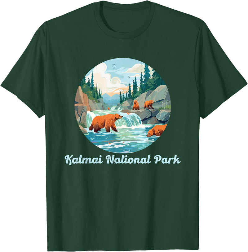 Fun National Parks Alaska Katmai National Park Alaska Brooks Falls Salmon Bears T-Shirt - Dark Green
