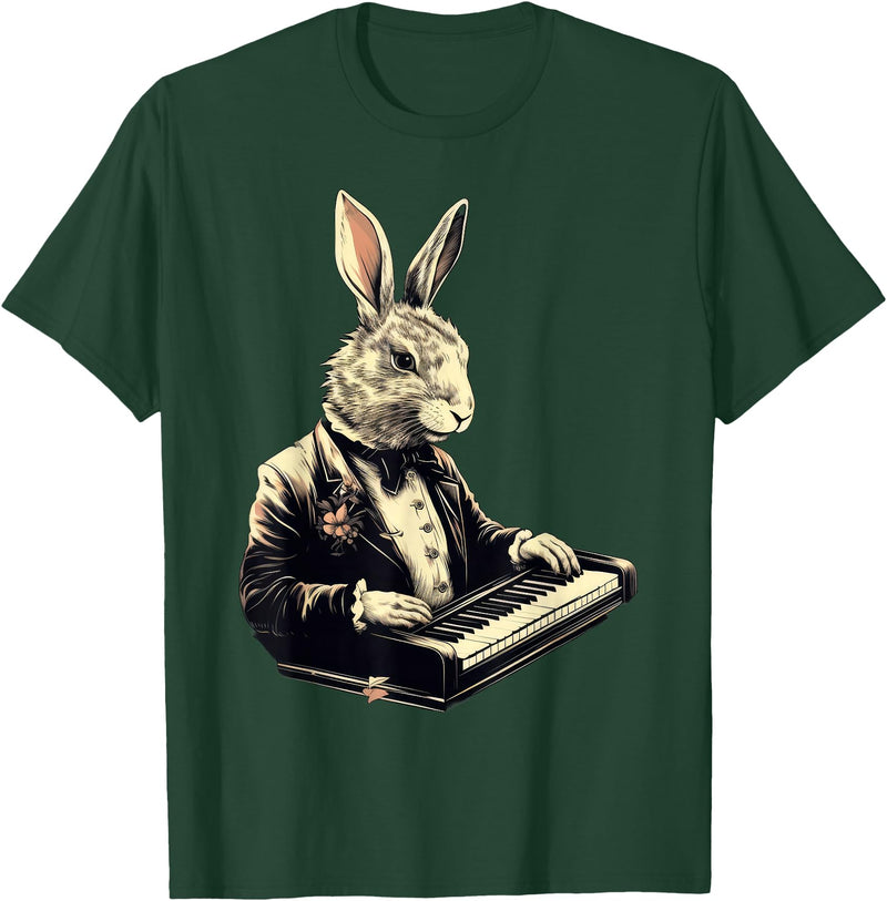 Cute Rabbit Bunny Playing Piano Rabbits Musician Music T-Shirt in Dark Green