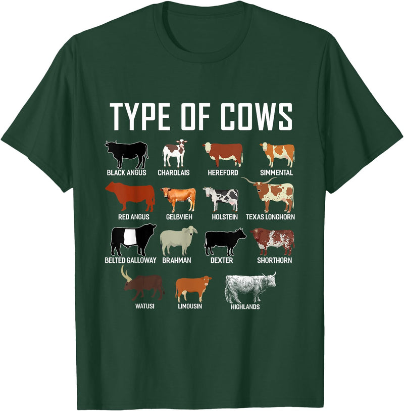 COW Designs By ShirtZilla Types of Cows Shirt Farmer Tee Shirt Costume Cow T-Shirt - Dark Green