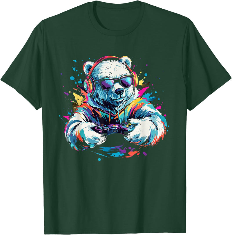 Colorful artistic polar bear gamer animal motifs Gaming Polar Bear Colorful Headset Art Gamer Polar Bear T-Shirt - Dark Green
