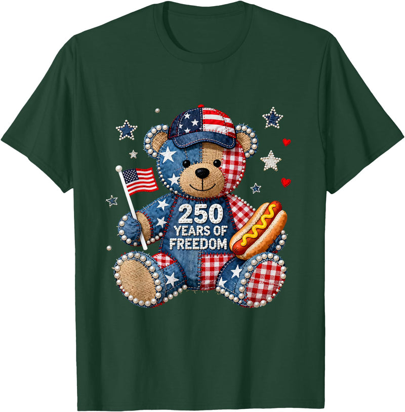 Patriotic Bear USA Vintage Co 250 Years of Freedom Patriotic Bear USA Retro T-Shirt - Dark Green