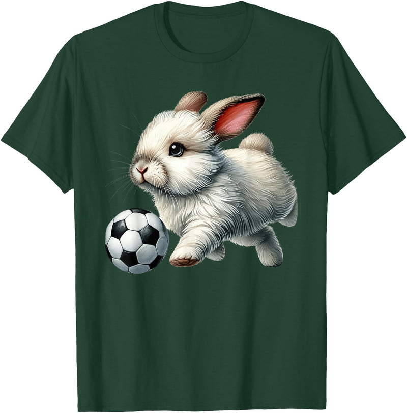 Cute Bunny Soccer Player Rabbit Kicking Ball T-Shirt in Dark Green