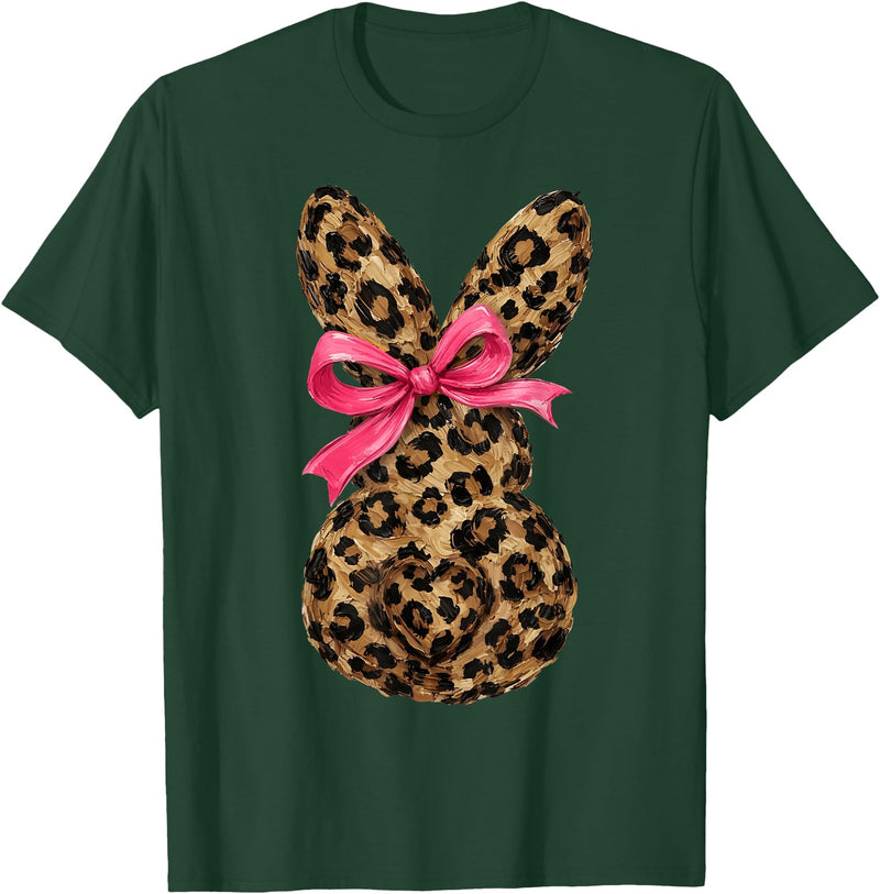 Funny Bunny Coquette Bow Rabbit Leopard Easter T-Shirt in Dark Green