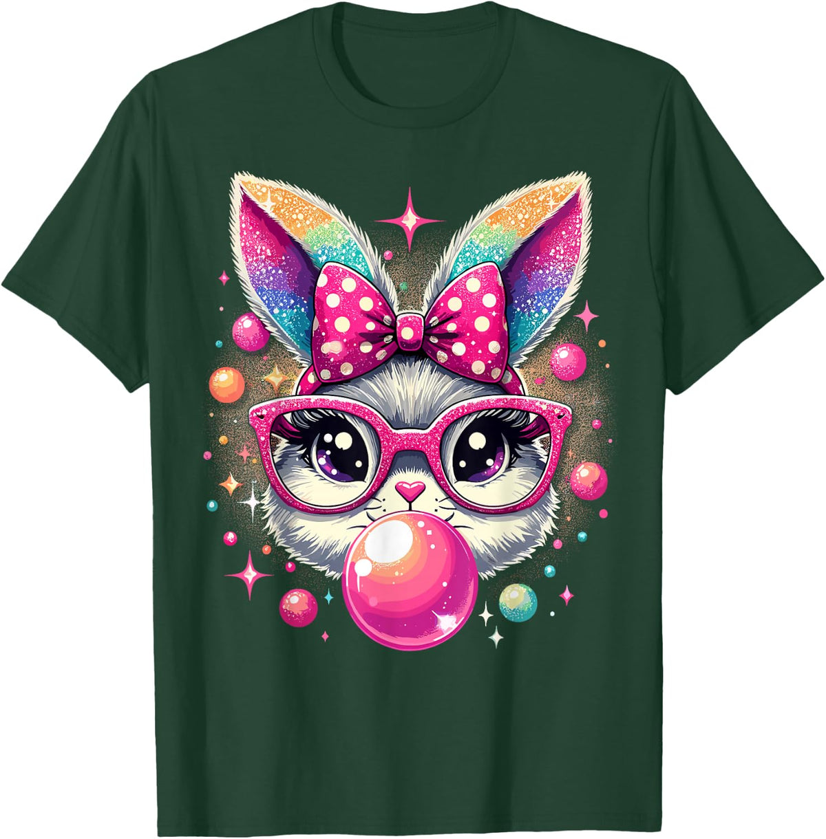 Happy Easter Bunny Tie Dye Coquette Bow Rabbit Face Easter T-Shirt - Dark Green