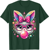 Happy Easter Bunny Tie Dye Coquette Bow Rabbit Face Easter T-Shirt - Dark Green