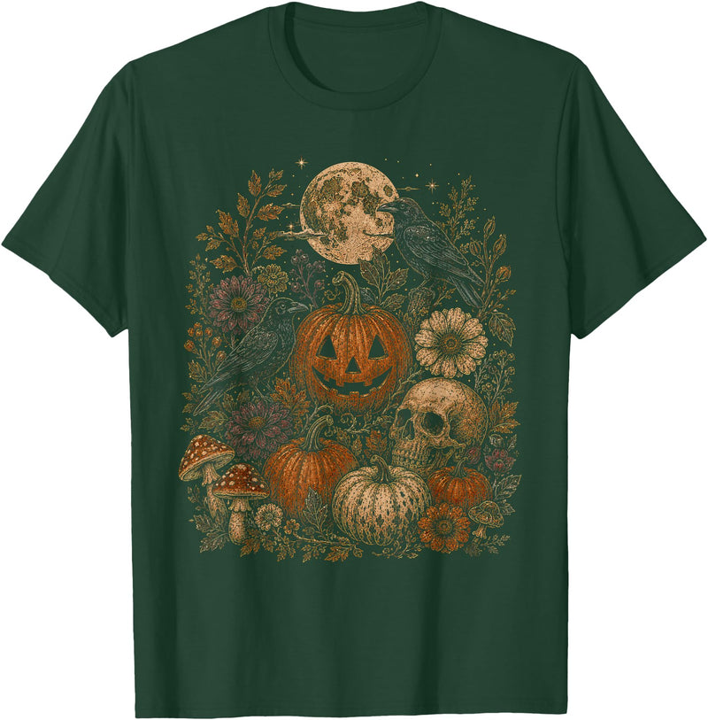 Threadrock Vintage Halloween Harvest Retro Gothic Botanical T-Shirt - Dark Green