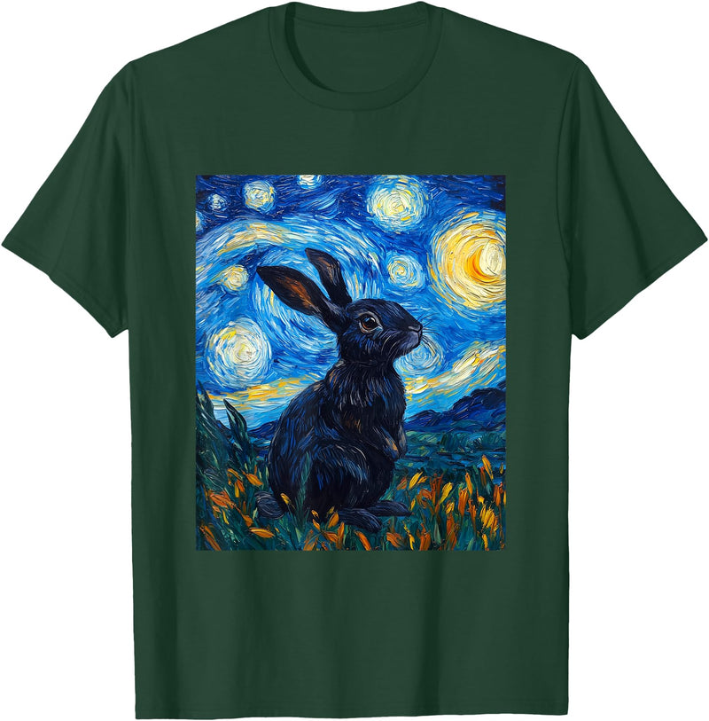 Bunny Rabbit Van Gogh Style Starry Night Cute Graphic T-Shirt in Dark Green
