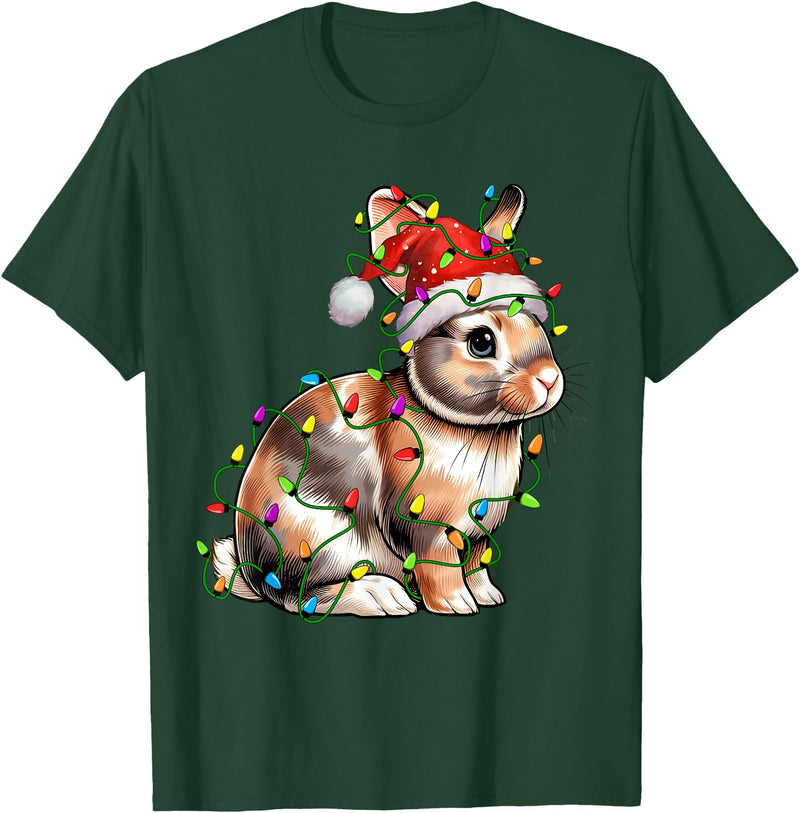 Bunny Rabbit Santa Christmas Tree Lighting Xmas Funny T-Shirt in Dark Green