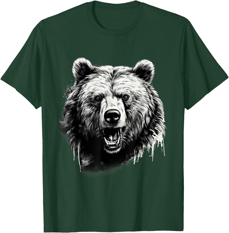 Forest Animal Art Bear Animal Art Portrait Wildlife Nature Artwork Drawing T-Shirt - Dark Green