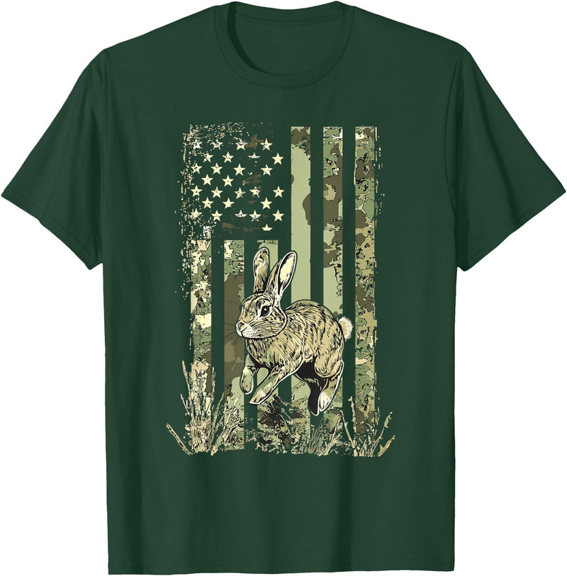 Camouflage Bunny Rabbit American Flag Hunting Rabbit Hunter T-Shirt in Dark Green