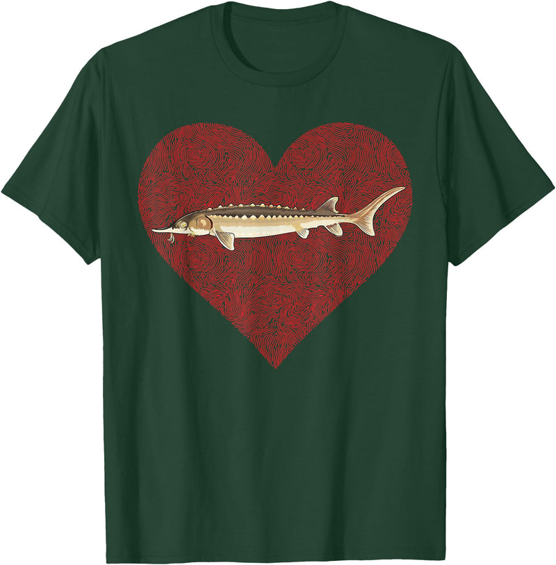 Sturgeon Gift Co. Sturgeon Valentines Day Fish Love Fingerprint T-Shirt - Dark Green