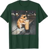 Hamster Drinking Iced Coffee Funny Animal Meme Men Women T-Shirt - Dark Green