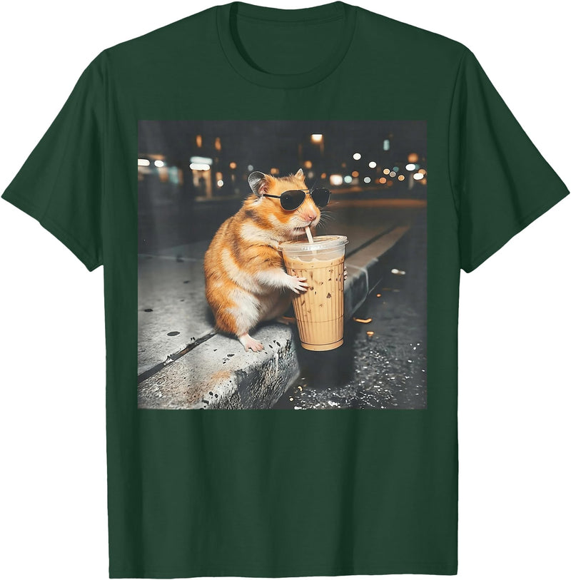 Hamster Drinking Iced Coffee Funny Animal Meme Men Women T-Shirt - Dark Green