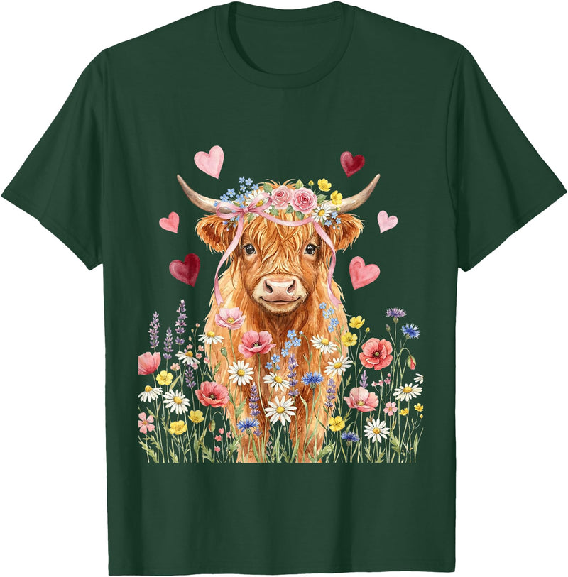 Floral Scottish Highland Cow Farm Animals Cute Highland Cow Women Girls Kid Scottish Cow Highland Cow T-Shirt - Dark Green