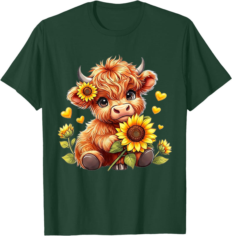 Cute Highland Cow Sunflowers For Girls Cute Highland Cow Sunflowers Girls Women Animal Lovers T-Shirt - Dark Green