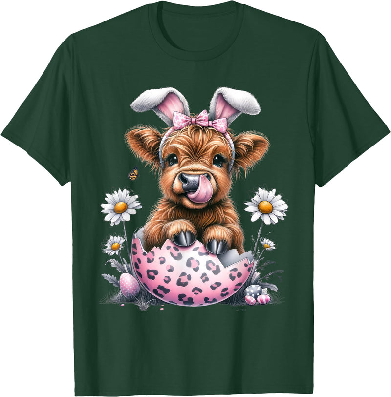 Funny Cow Easter Rabbit Cute Highland Cows Lover Easter Day T-Shirt - Dark Green