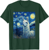 Llama Designs. Llama Alpaka Van Gogh Style Starry Night Funny Graphic T-Shirt - Dark Green