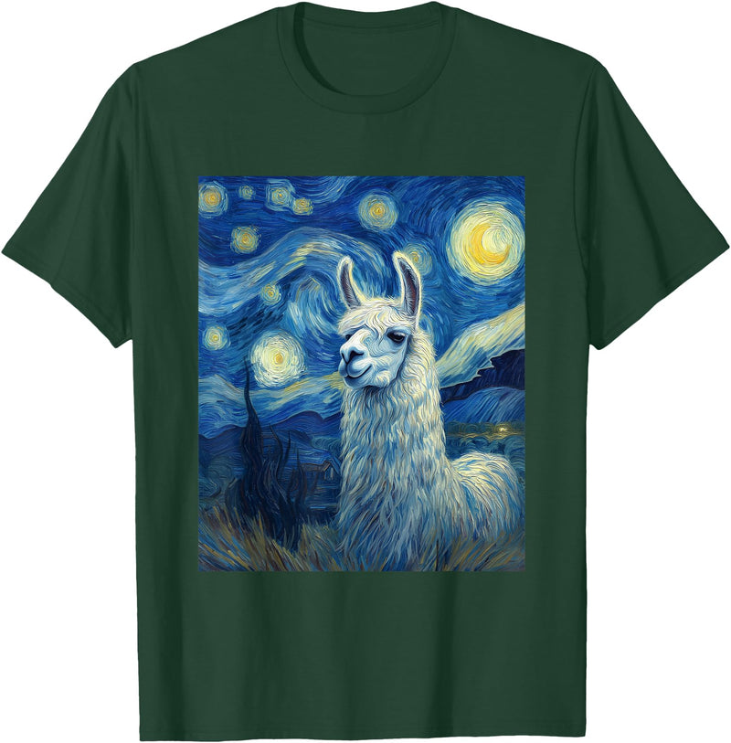 Llama Designs. Llama Alpaka Van Gogh Style Starry Night Funny Graphic T-Shirt - Dark Green