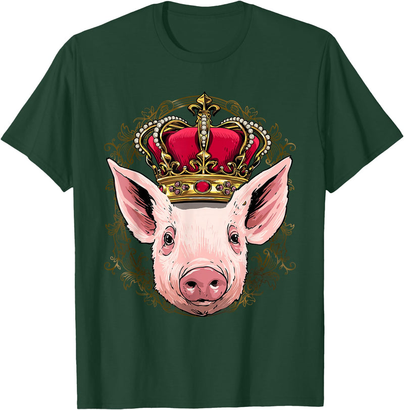 Wowsome! King Pig Wearing Crown - Queen Pig Animal T-Shirt - Dark Green