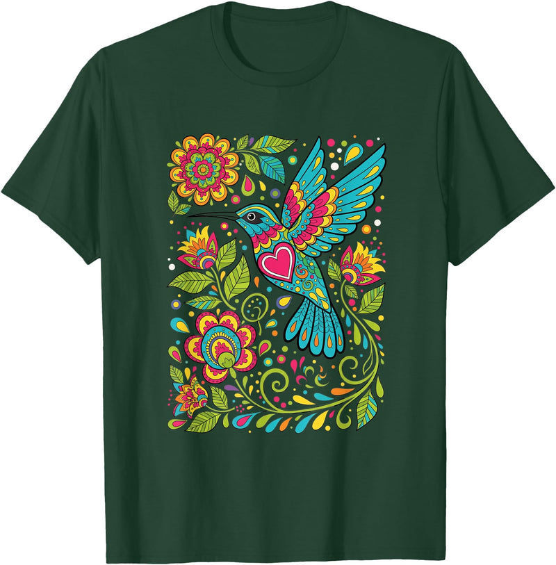 FolkFlight Design Co Bird Hummingbird Floral Folk-Art Colorful T-Shirt - Dark Green