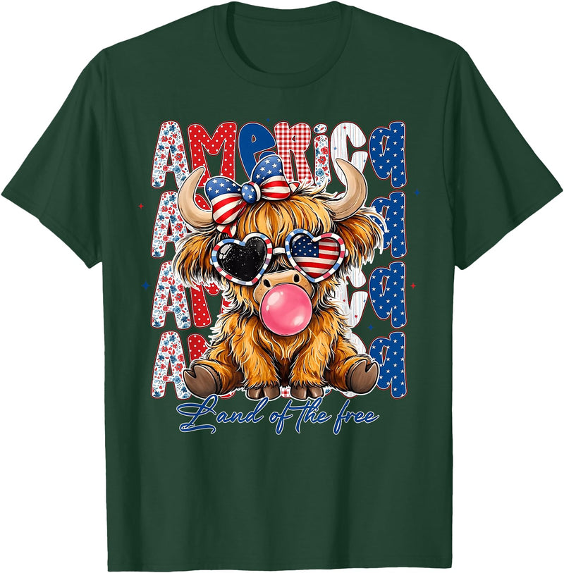 Cute Cow Creations Highland Cow 4th of July, Patriotic Cowgirl Bow Design T-Shirt - Dark Green