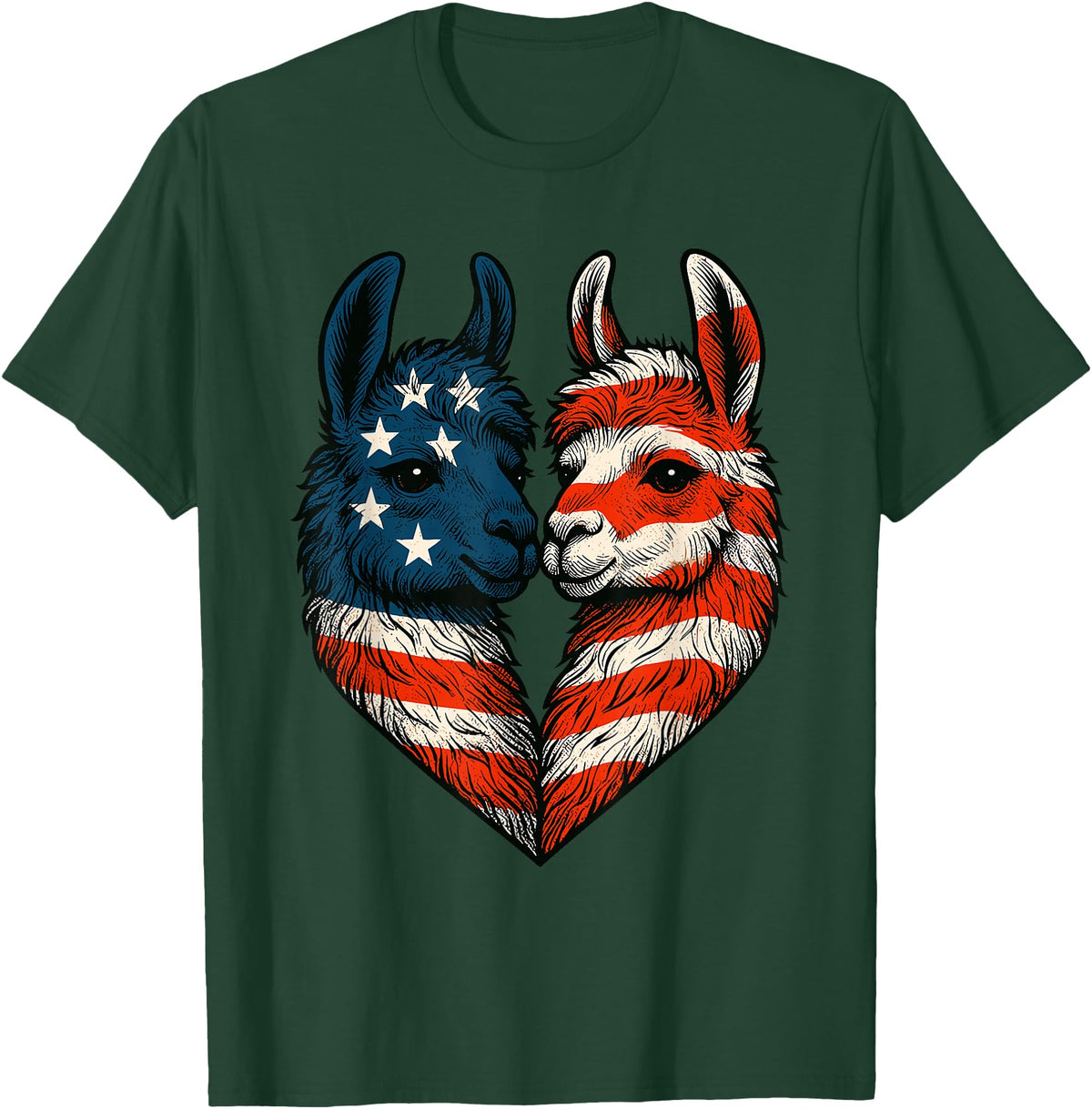 Fourth of July Clothing Co. Patriotic Llamas Heart American Flag 4th of July Graphic T-Shirt - Dark Green