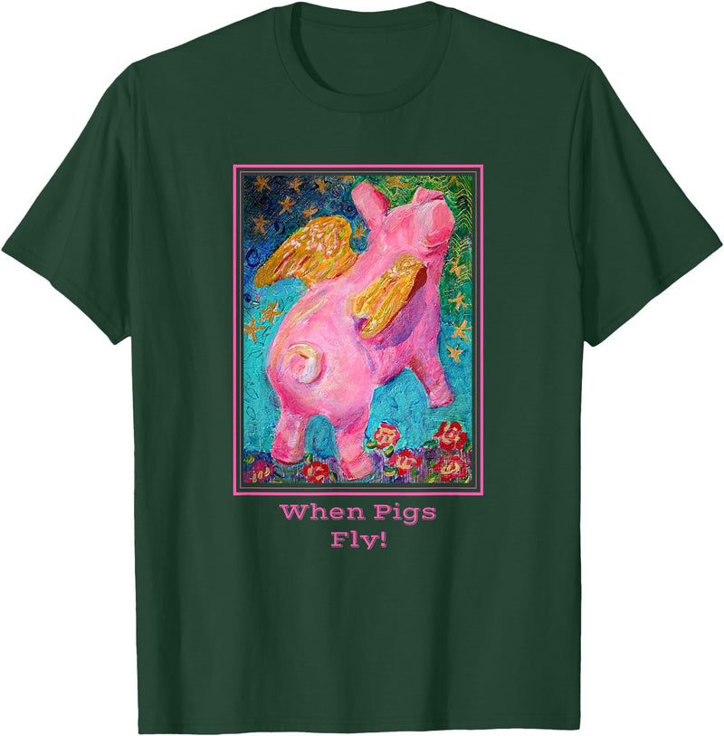 Animal Art T Shirts When Pigs Fly Art T Shirt T-Shirt - Dark Green