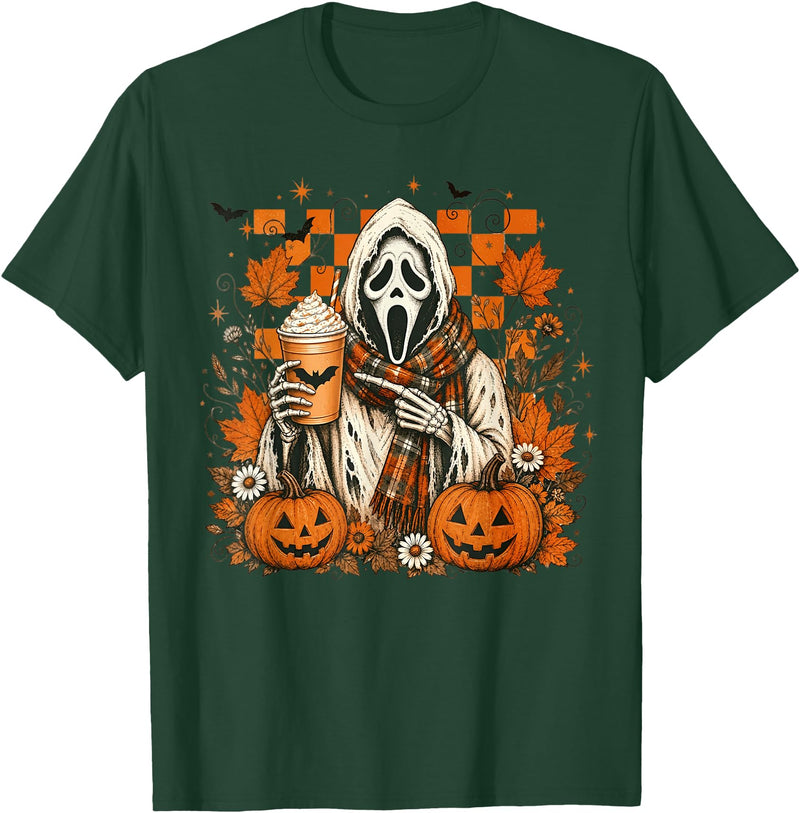 Halloween Pumpkin Ghost Autumn Leaves Graphic Cute Spooky Ghost Fall Halloween Coffee Latte Autumn Pumpkin T-Shirt - Dark