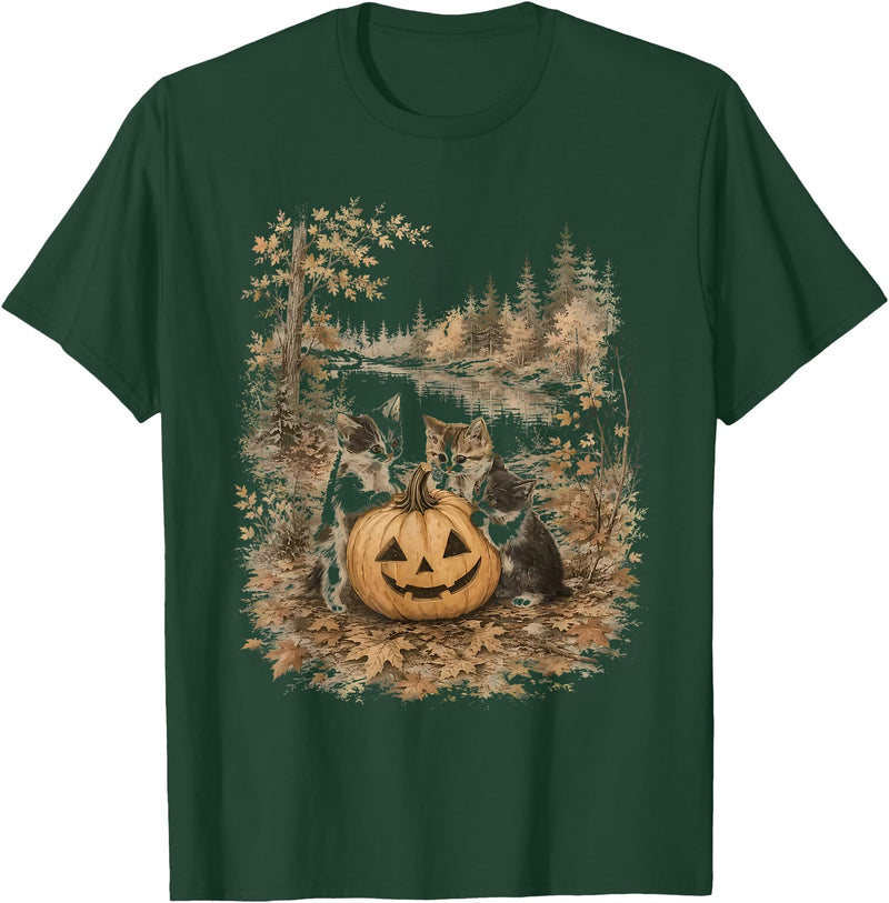 Vintage 90s Cats And Pumpkin Halloween Women Men Funny Retro 90s Kitten Black Cats and Pumpkin Halloween T-Shirt - Dark Green