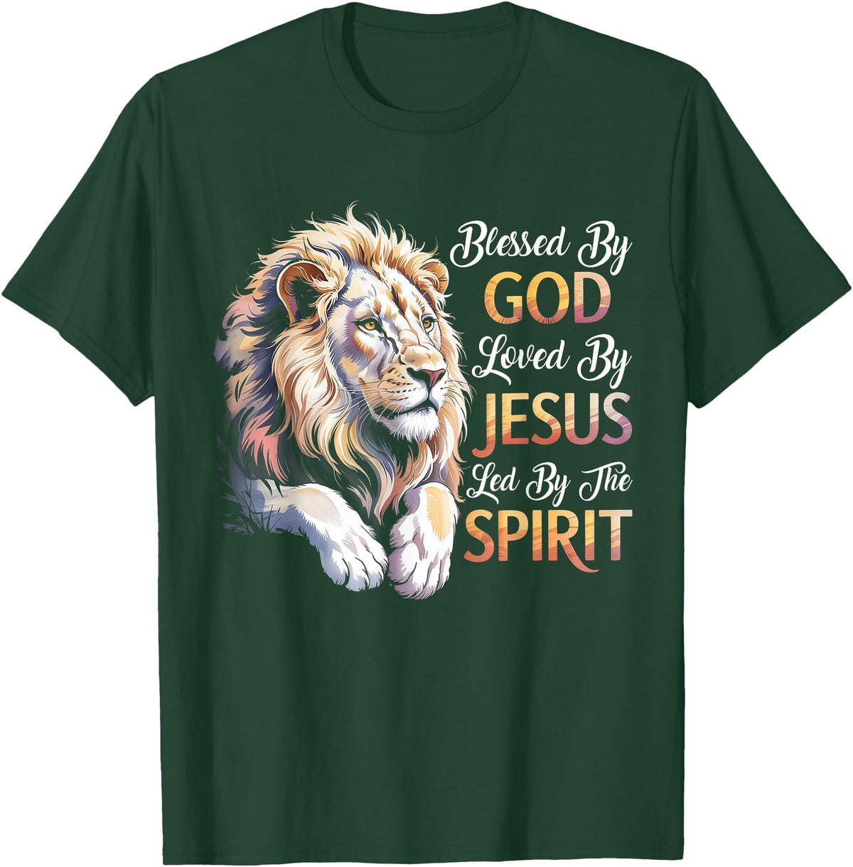 Jesus Lion of Judah Christian Tee. Blessed By God - Loved By Jesus Christian Lion T-Shirt - Dark Green