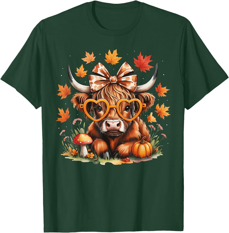 Fall Highland Cow Bow ThanksGiving Ades.shirt Fall Highland Cow Pumpkin Bow Thanksgiving Fall Girl Women T-Shirt - Dark Green