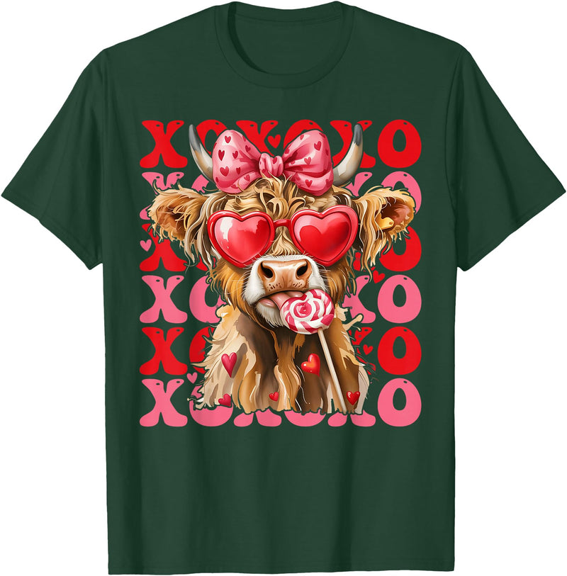 Valentine XOXO Highland Cow Fng Valentine XOXO Highland Cow Cute Coquette Bow Western T-Shirt - Dark Green