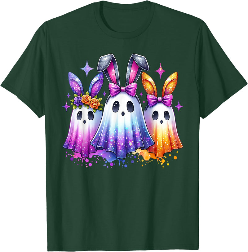 Colorful Cute Ghost Bunny Ears Spooky Easter Rabbit Lover T-Shirt in Dark Green