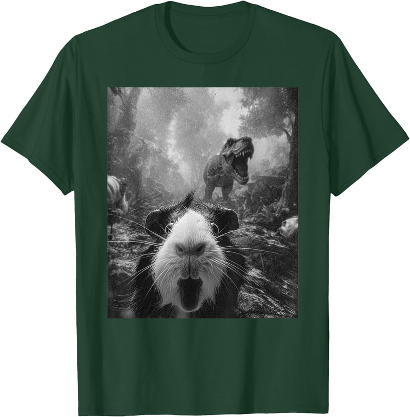Vintage Cute Guinea Pig Bootleg Streetwear Graphic Funny Guinea Pig Selfie with T-Rex Dinosaur Dino Graphic T-Shirt - Dark Green