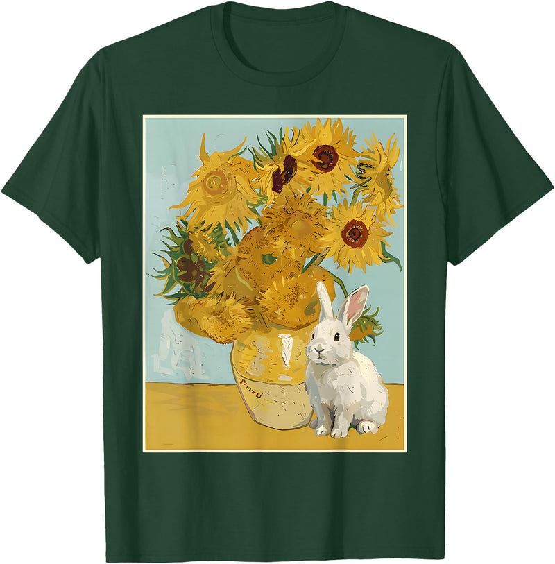 Sunflower Vase White Rabbit Fine Art Cute Bunny Lover T-Shirt in Dark Green