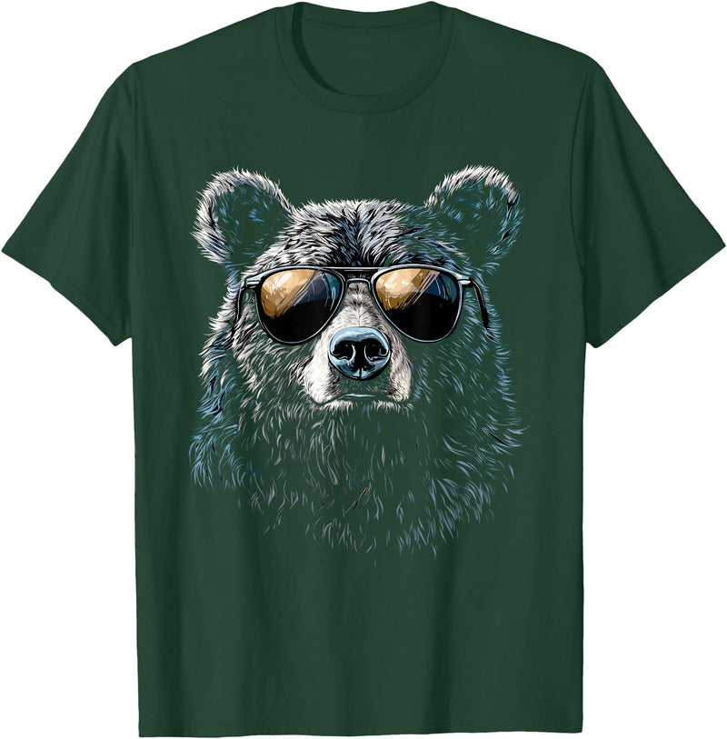 Forest Illustration Bear Art Nature Bear Wearing Sunglasses Wildlife Artwork Graphic Bear T-Shirt - Dark Green