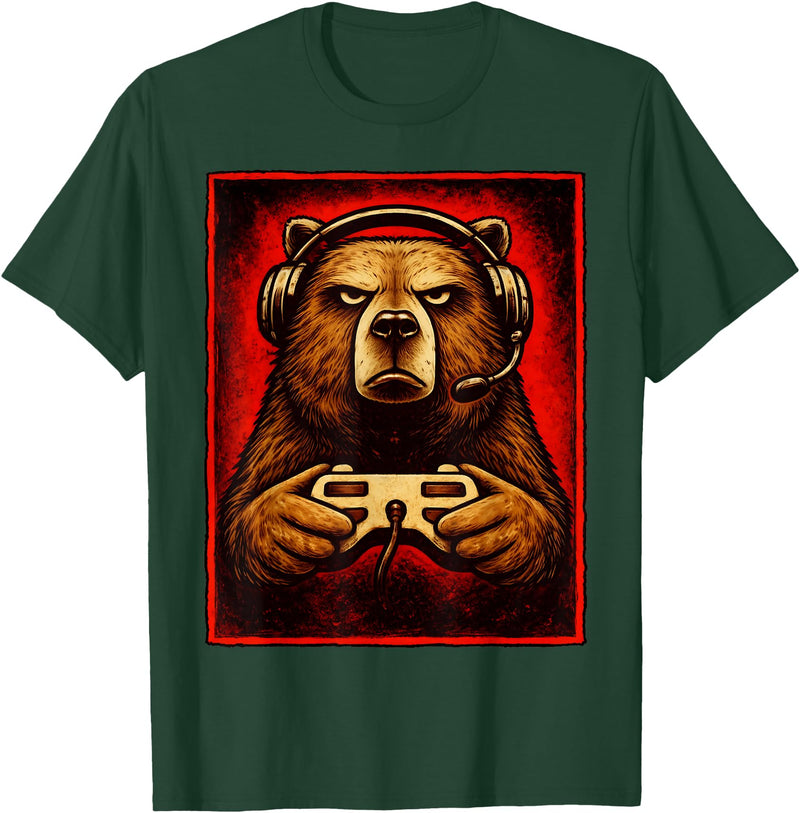 Funny Gaming Bear Gamer Graphic Gamer Bear Graphic Funny Gaming Animal Grizzly Bear Costume T-Shirt - Dark Green