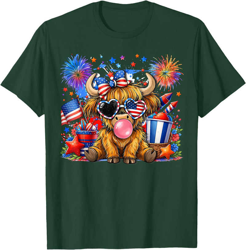 July 4th Highland Cow Farm Lovers America Tees 4th of July Highland Cow Patriotic Cow Farmer Men Women Kids T-Shirt - Dark