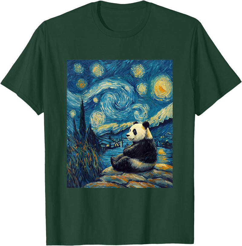 Bear Designs. Cute Panda Bear Van Gogh Style Starry Night Graphic T-Shirt - Dark Green