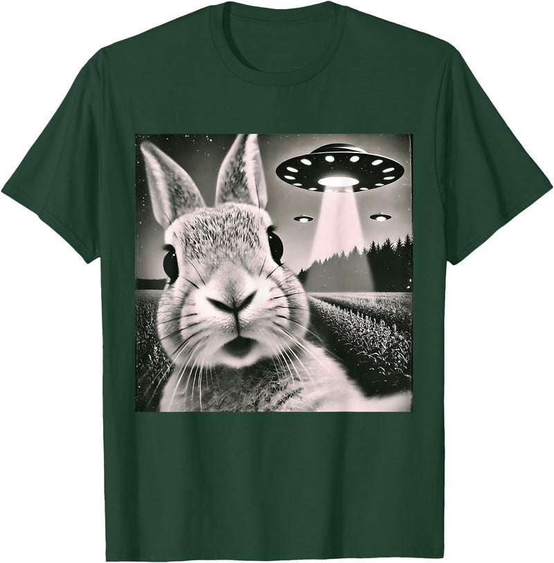Funny Rabbit Bunny Selfie UFOs T-Shirt in Dark Green